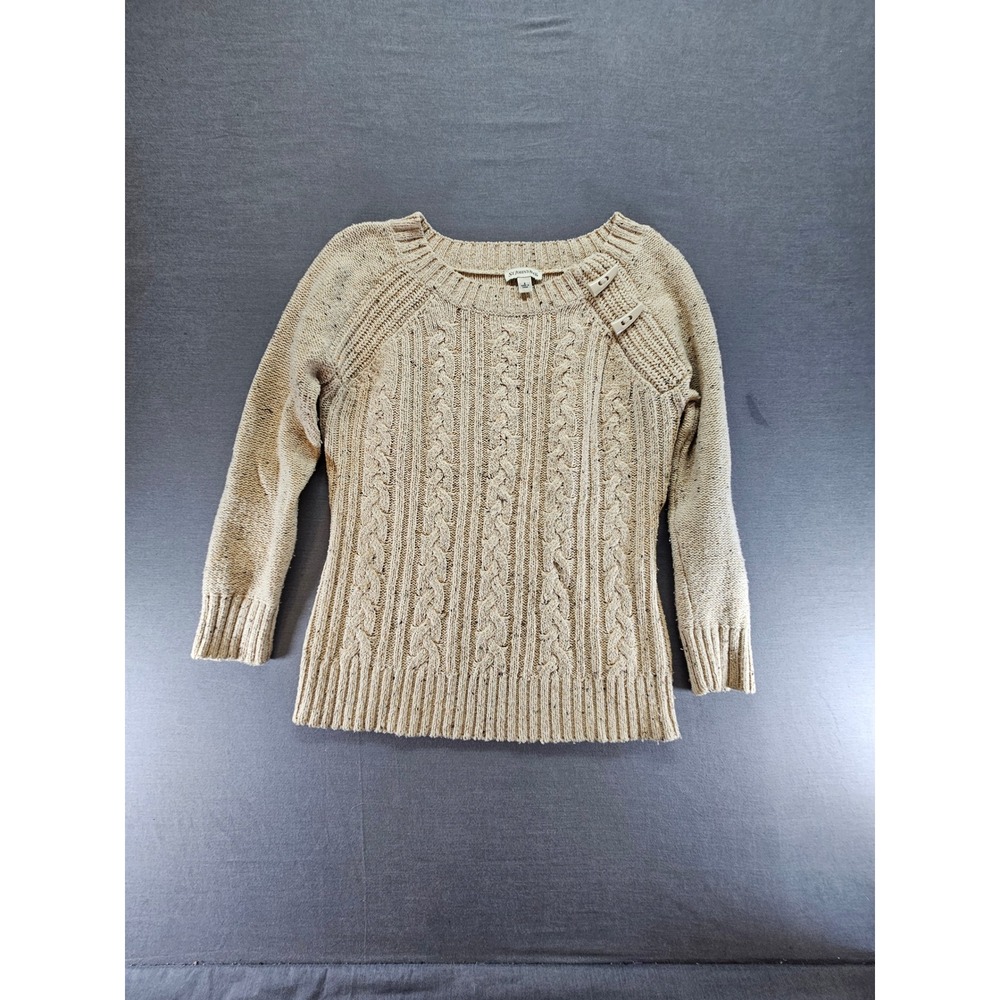 St. Johns Bay Beige Oatmeal Cable Knit Button Shoulder Sweater Small